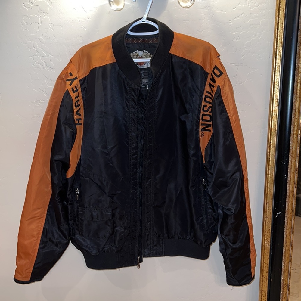 Harley Davidson Embroidered Black & Orange LOGO Motorcycle Jacket - Picture 2 of 15